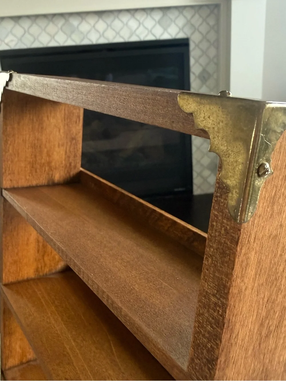 Vintage Wood Countertop Shelf Brass Corner Accents Tabletop Organizer 10x17x5